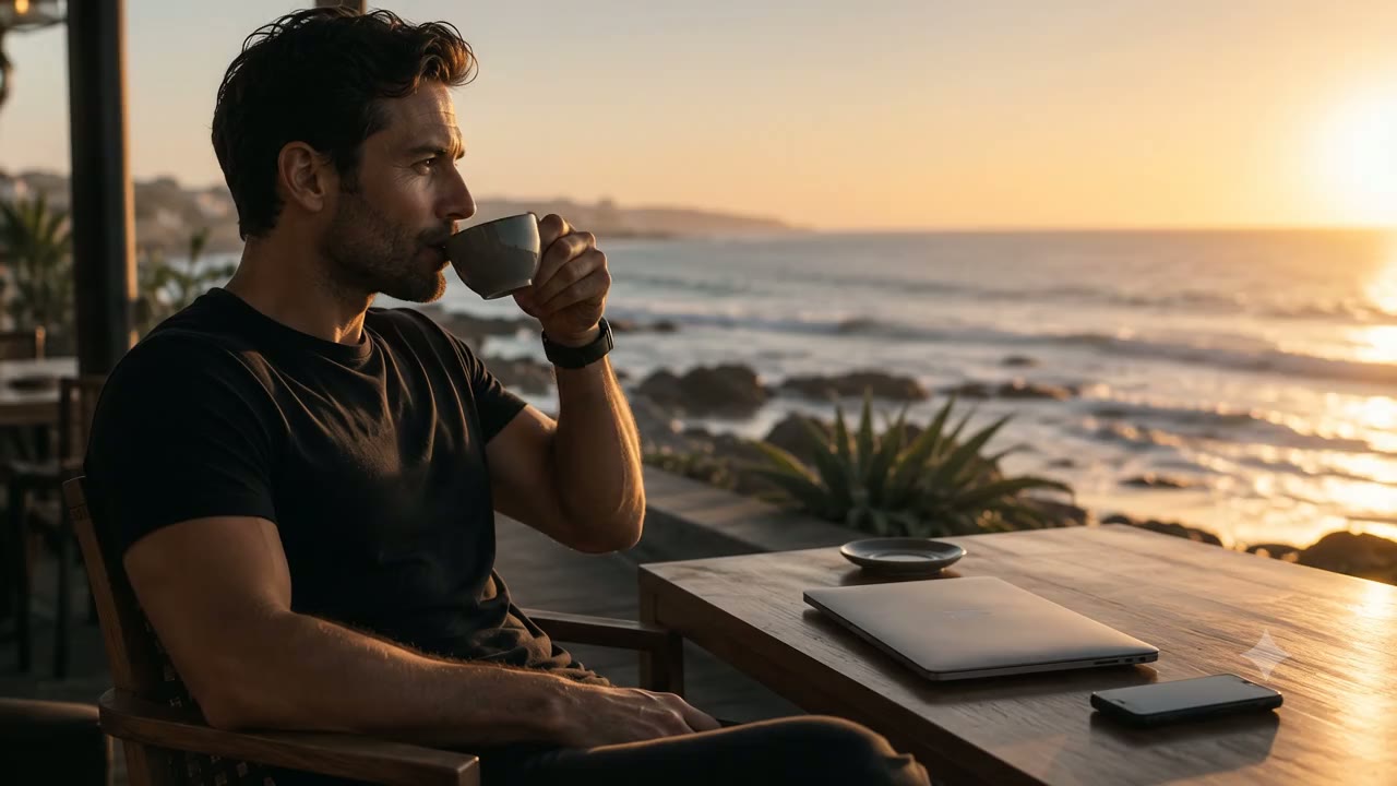 A founder sipping tea at an ocean-side cafe at golden hour